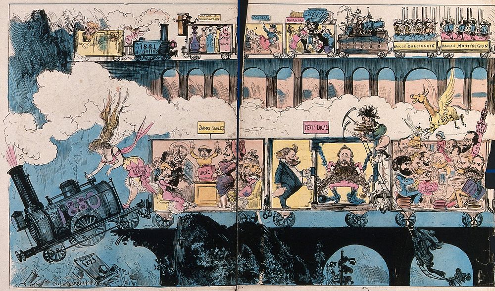 A steam locomotive is falling off the edge of a broken bridge, with a woman hanging on to the back. Coloured wood engraving…