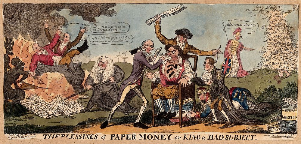 John Bull, with leeches on his chest, sits on a commode full of gold coin; he is attended by Lords Stanhope and Perceval…
