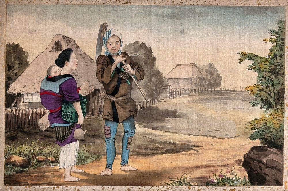 Two Japanese peasants on a village path, the man carries a scythe and the woman has a baby on her back. Gouache painting.