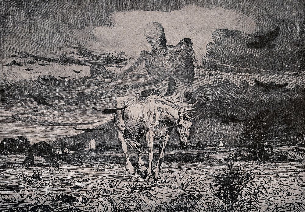 A ghost-like figure of Death appears riding on a horse holding a scythe. Reproduction of an etching by Soren Lünd, 1900.