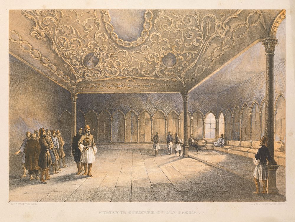 Janina, Albania (subsequently Greece): the audience chamber of Ali Pasha. Colour lithograph after G.D. Beresford, 1855.