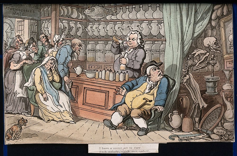 The dance of death: the apothecary. Coloured aquatint after T. Rowlandson, 1816.