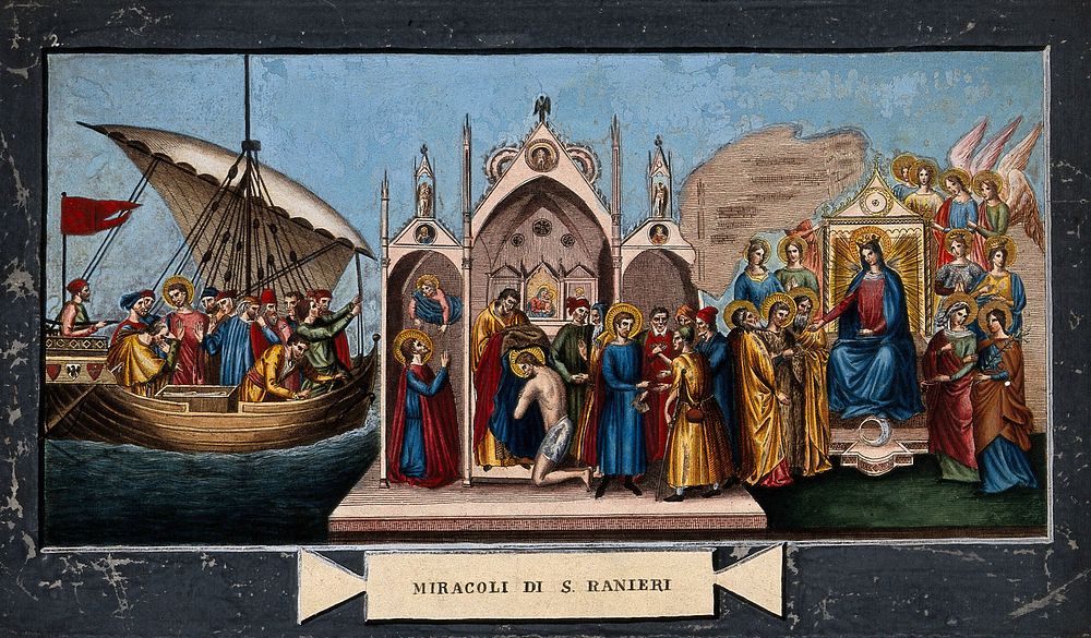 Saint Rainerius. Coloured engraving.
