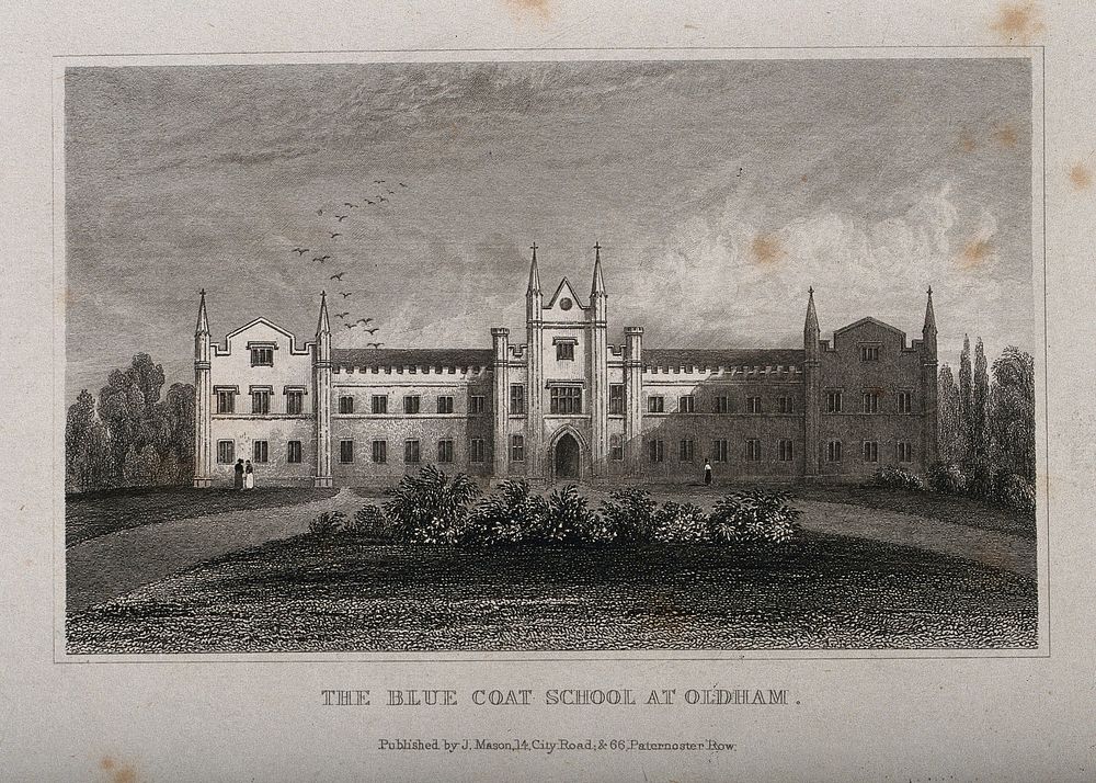Blue Coat School, Oldham, Lancashire, England. Line engraving.