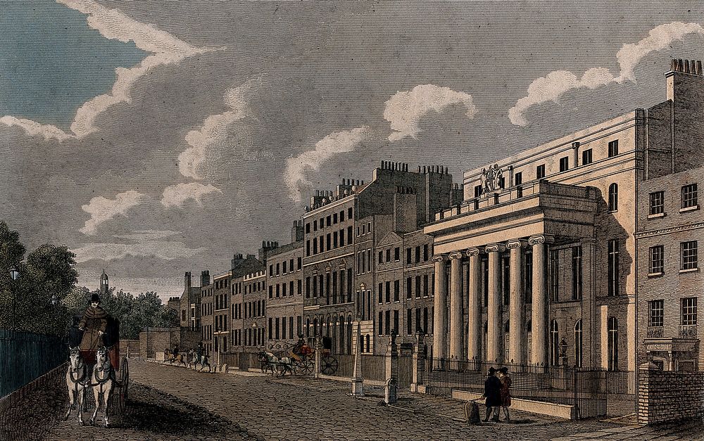 The Royal College of Surgeons, Lincoln's Inn Fields, London. Coloured engraving.