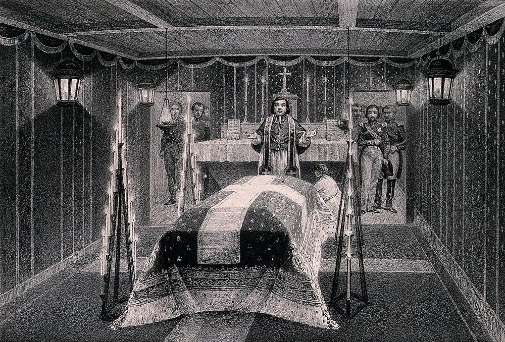 A priest performing a ceremony in a temporary chapel on a ship housing the remains of Napoleon Bonaparte. Lithograph by J.…