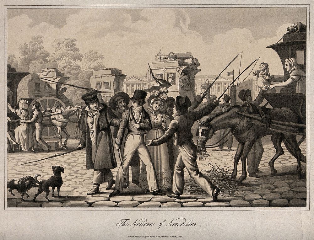 Coachmen forcibly encouraging people on the streets at Versailles to travel in their carriages. Aquatint, 1822.