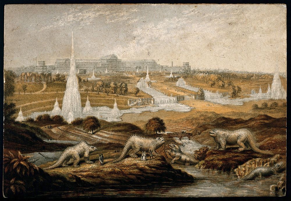 The Crystal Palace from the Great Exhibition, installed at Sydenham: sculptures of prehistoric creatures in the foreground.…
