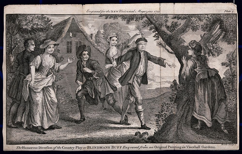 Young men and women are playing blind man's buff. Engraving by B. Cole, 1753, after F. Hayman.