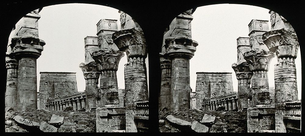 The Osiride Pillars, Philae Island, Egypt; stereoscopic views. Photograph by Francis Frith, 1856/1859.