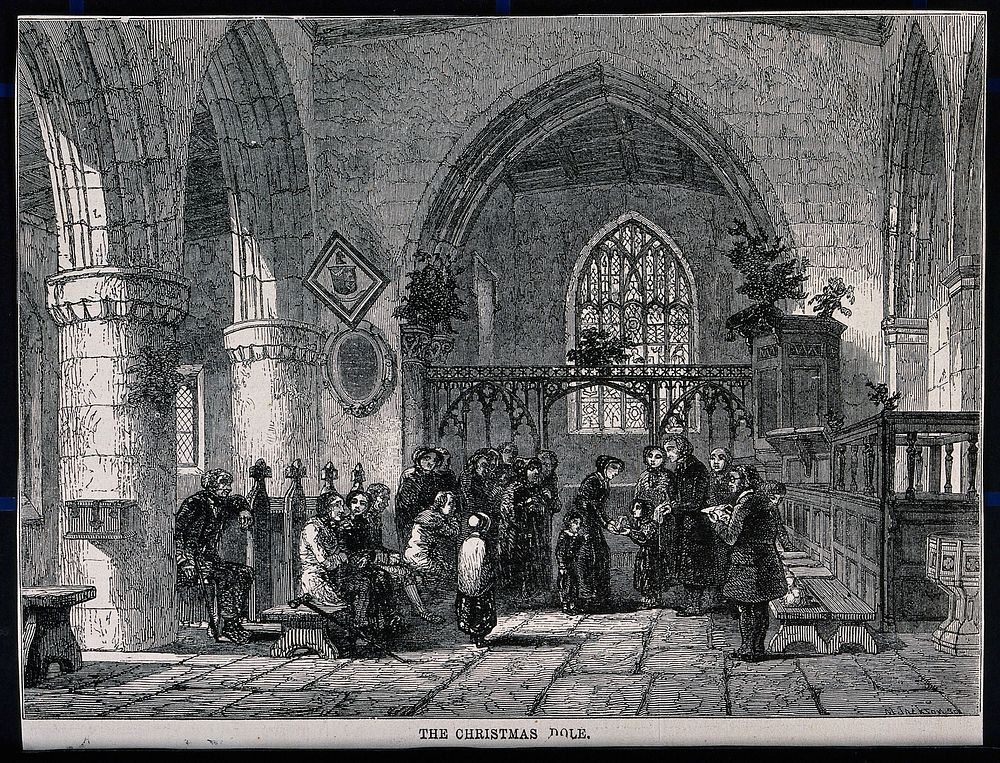 People in groups sit and stand around in a church: a woman hands something to a child. Wood engraving.