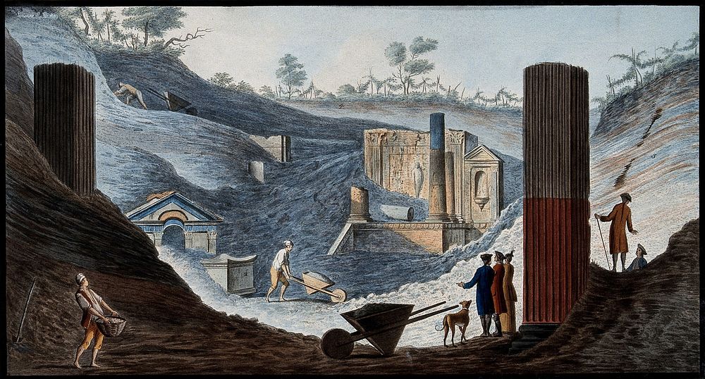 The discovery of the temple of Isis at Pompeii, buried under pumice and other volcanic matter. Coloured etching by Pietro…