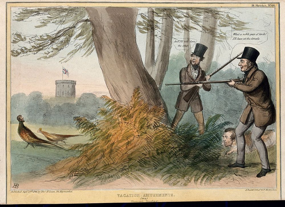 Lord Melbourne and the Marquess of Normanby prepare to shoot two pheasants with the heads of the Duke and Duchess of…