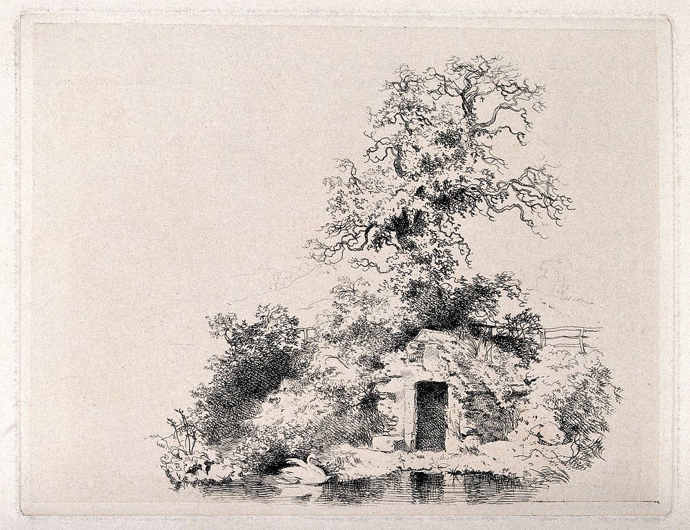 A ruined cottage  by a lakeside. Etching after E.H. Landseer, 1820/1848 .