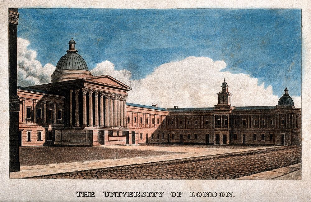 University College, London: the main building. Coloured engraving.
