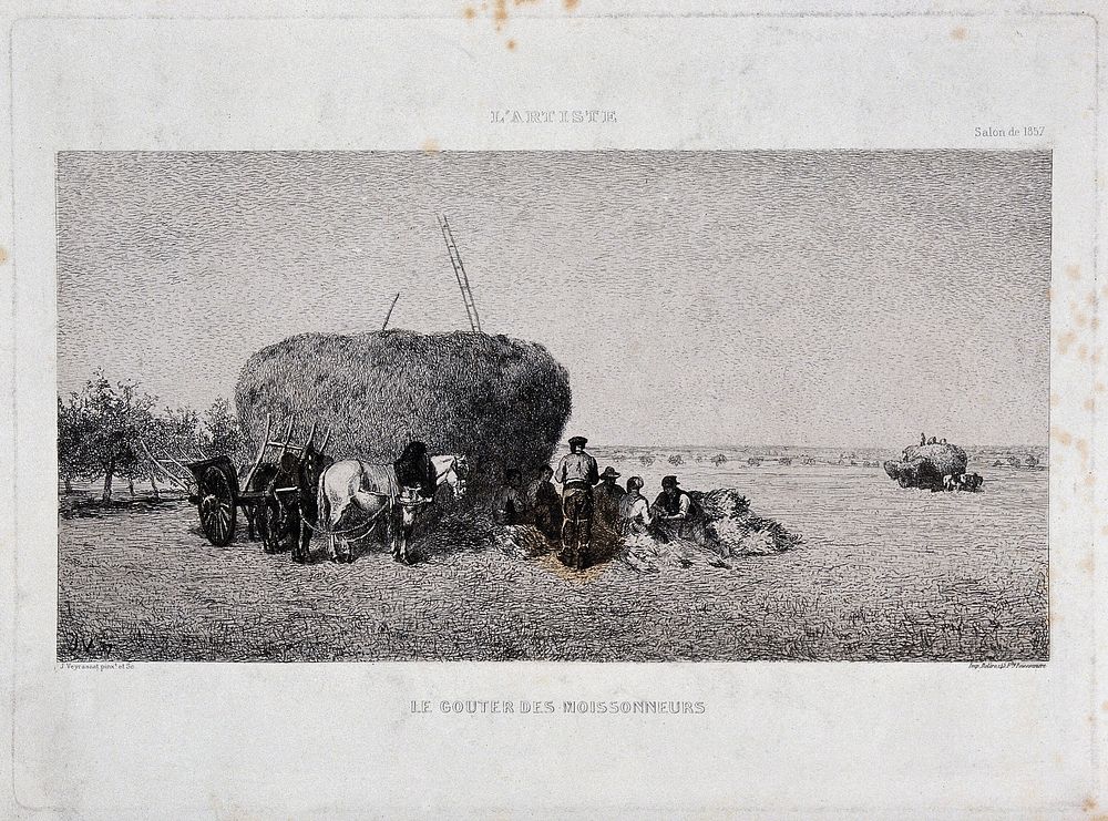 Haymakers sitting down in the shade of a hay-rick to eat. Etching by J.J. Veyrassat, ca. 1857.