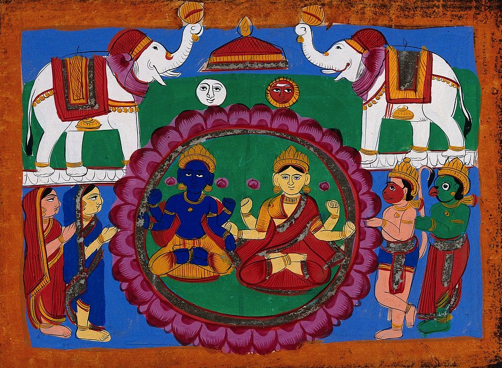 Vishnu and Lakshmi seated on a lotus being attended by Garuda, Hanuman and female attendants, and hailed by elephants.…