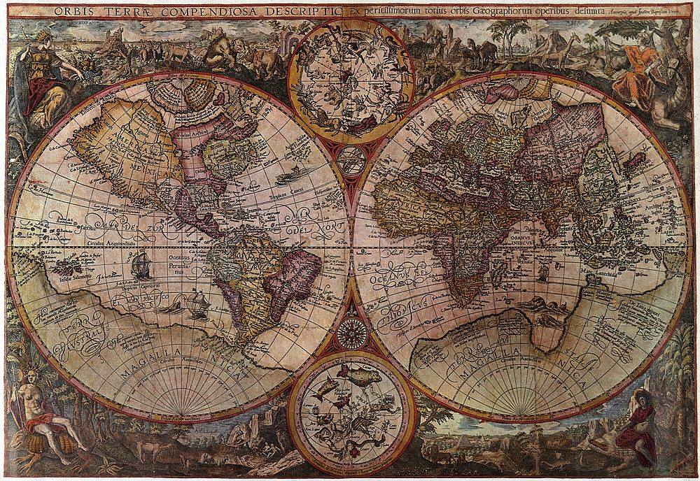 Geography: a map of the world. Colour lithograph, ca.1970, after J. B. Vrients, 1596.