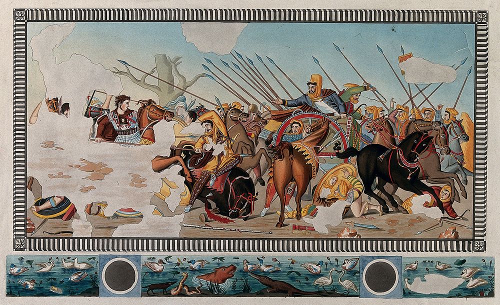 The battle at Issus in 333 BC: Alexander the Great of Macedonia is chasing the fleeing Darius III. Coloured etching.