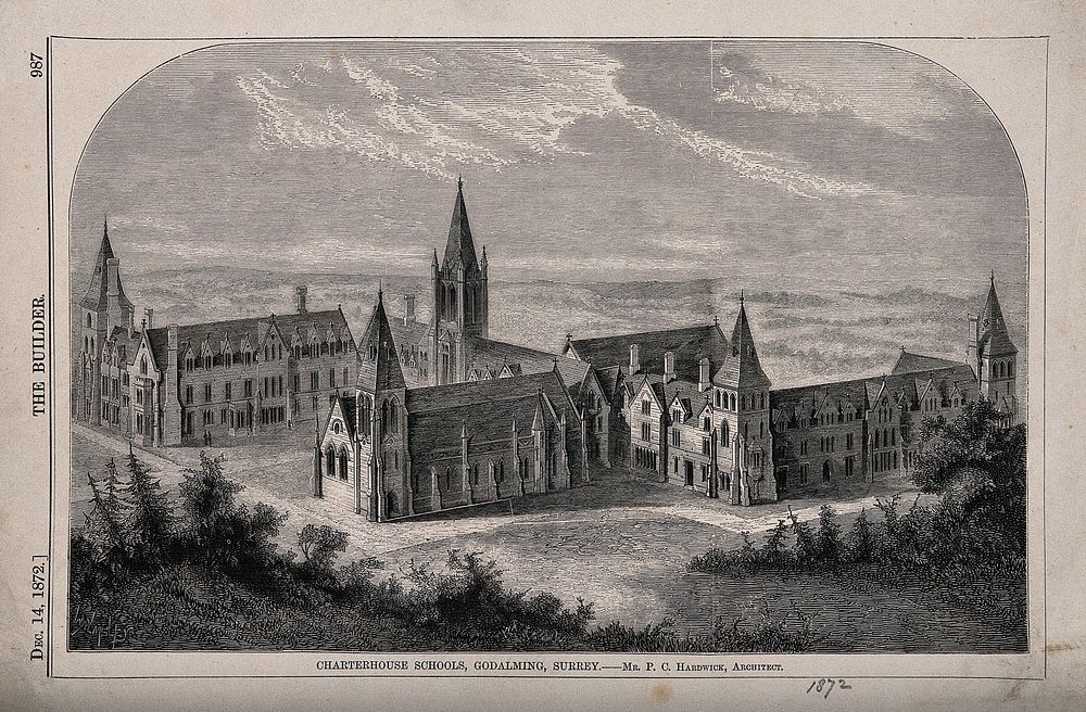 Charterhouse Schools, Godalming, Surrey. Wood engraving by Walmsley, 1872, after P.C. Hardwick.