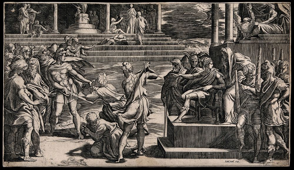 Martyrdom of Saint Peter and Saint Paul. Engraving by G.J. Caraglio after F. Mazzola, il Parmigianino.
