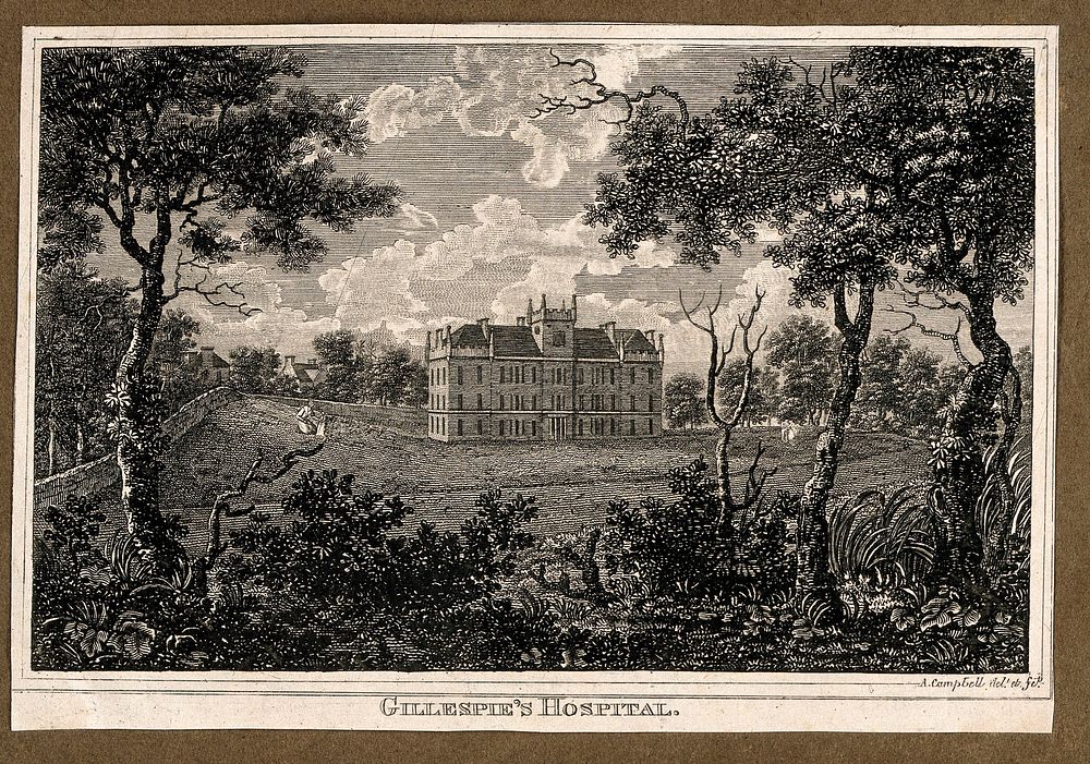 Gillespie's Hospital and grounds. Line engraving by A. Campbell after himself.
