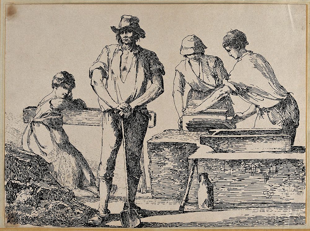 A man holding a spade; two men cutting slates. Lithograph by T. Barker of Bath, ca. 1807.