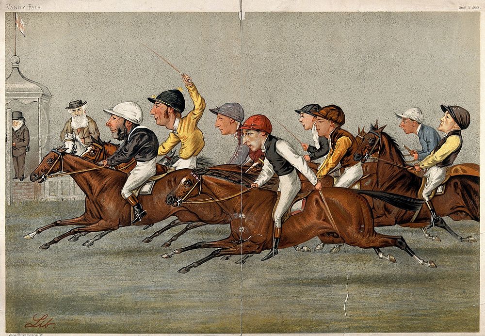 The finishing line at a horse race; ten portrait caricatures, including eight of famous jockeys. Colour lithograph after L.…