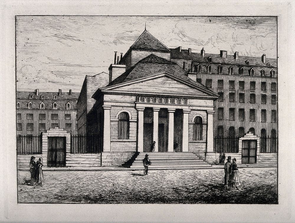 The Hospital Dieu, Paris: view of the portico. Etching.