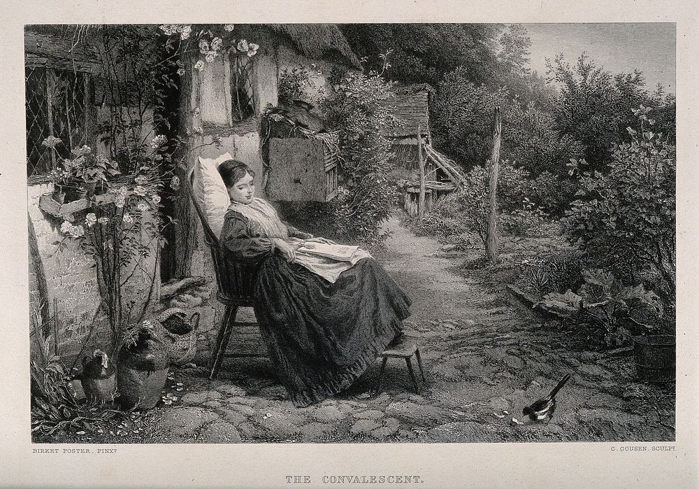 A young woman convalescing in a country garden watches a bird feed on bread. Line engraving by C. Cousen, 1877, after M.B.…