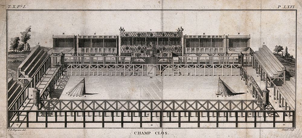 A tilt-yard with tiered stands, designed according to the specification of Philip the Fair in 1306. Engraving by Guayté…