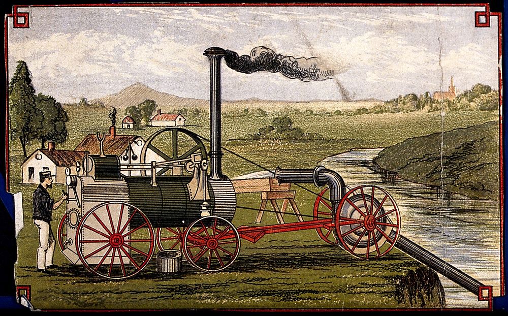 Engineering: a steam engine, with a pump irrigating fields. Coloured lithograph, [post 1875].
