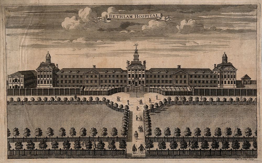 The Hospital of Bethlem [Bedlam] at Moorfields, London: seen from the north, with ladies and gentlemen walking in the…