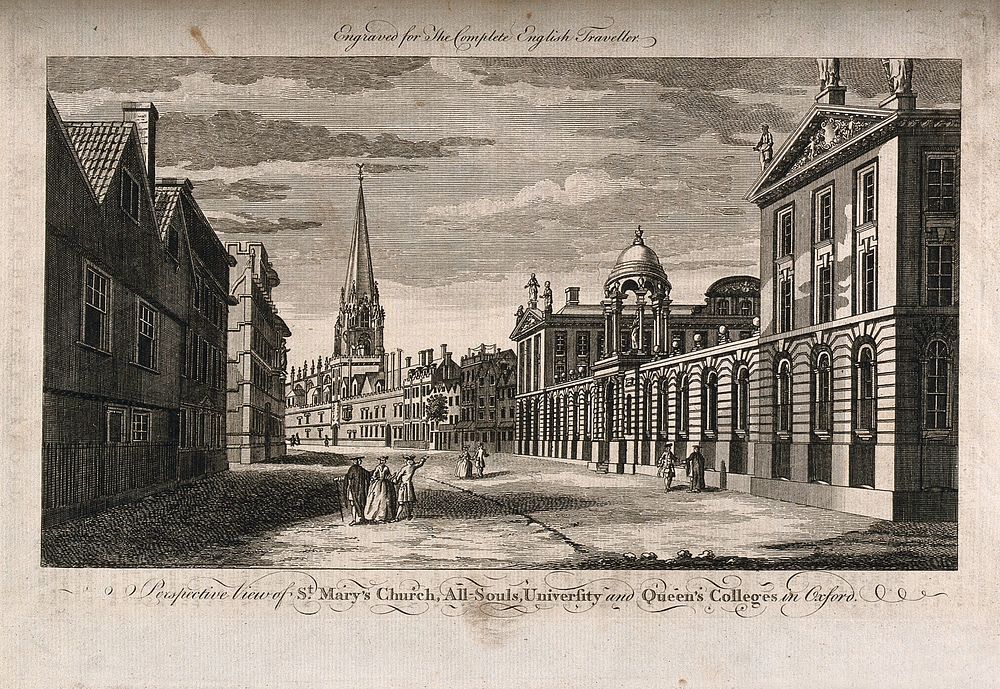 Queen's College, Oxford: showing panoramic view of All Souls College and St. Mary's Church. Line engraving.