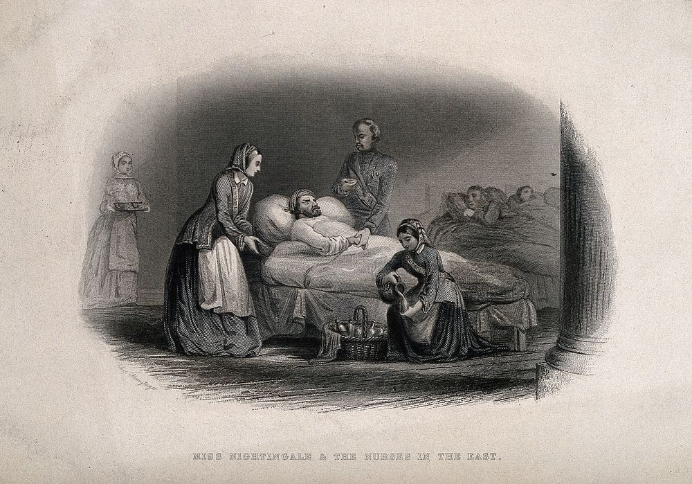 Crimean War: Florence Nightingale and nurses. Line engraving after C. Armytage.