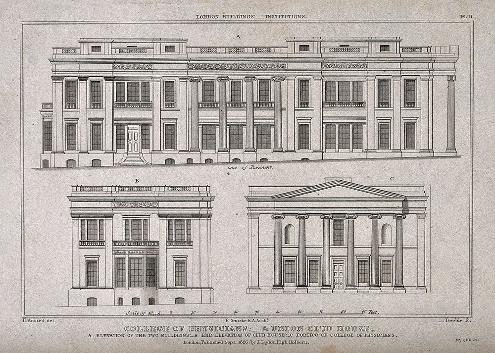 The Royal College of Physicians, Trafalgar Square: various elevations, with a scale of feet. Engraving by W. Deeble, 1826…
