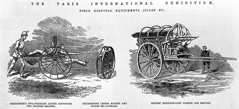 Neudorfer's two-wheeled litter with two wounded soldiers.