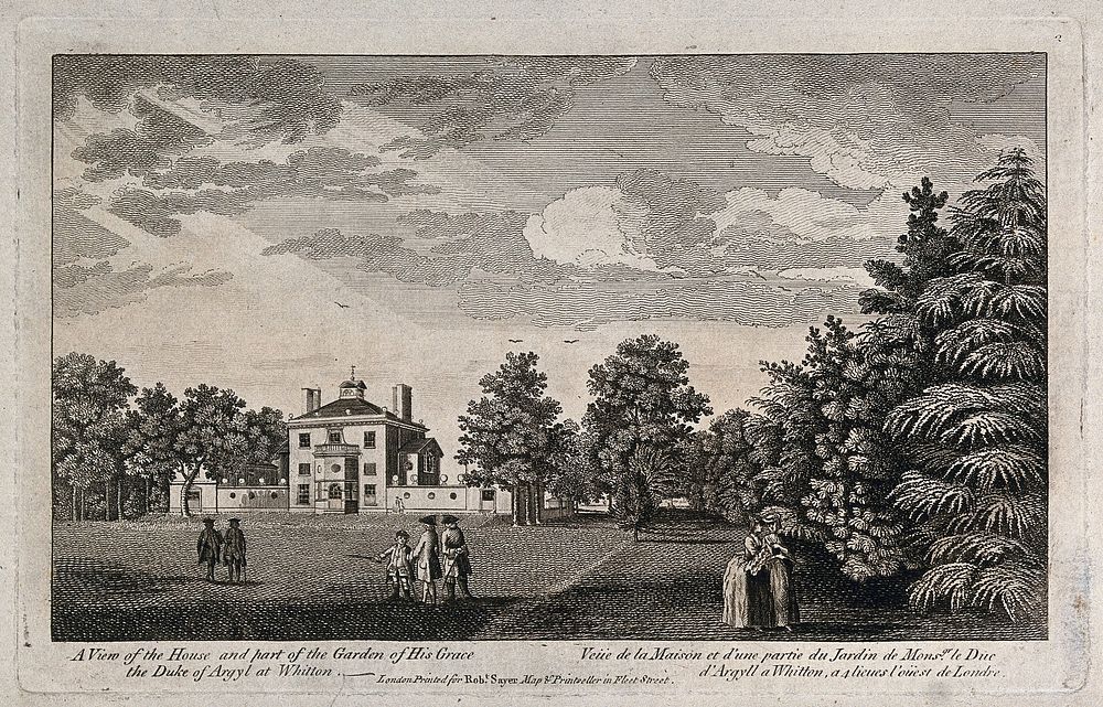 The house and part of the garden of the Duke of Argyll at Whitton, Middlesex. Etching, 18th century.