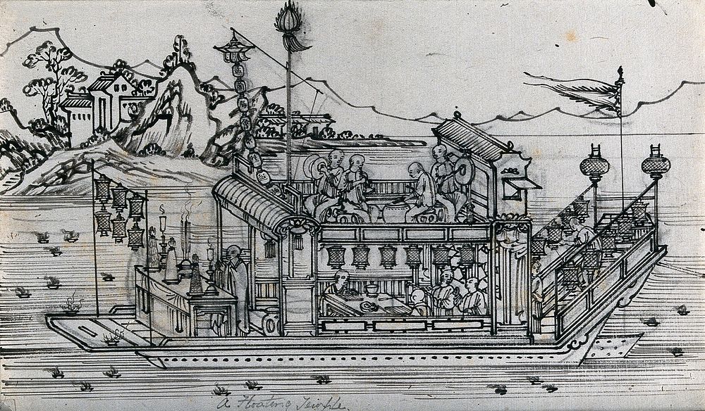A floating Chinese temple, including an altar, musicians and prayer wheels. Ink drawing, China, 18--.