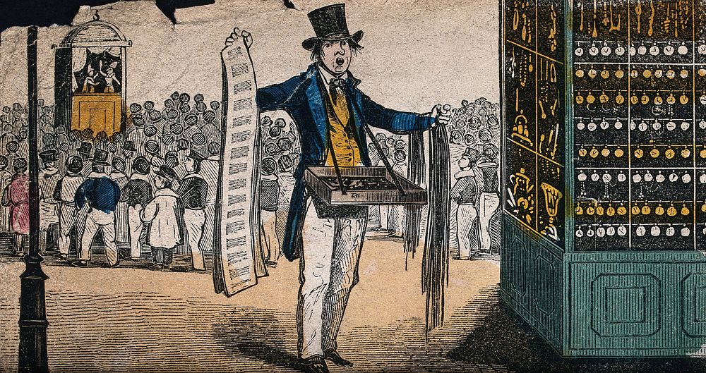 A man is selling song sheets at a fair; a crowd has gathered to watch a Punch and Judy show. Coloured wood engraving.