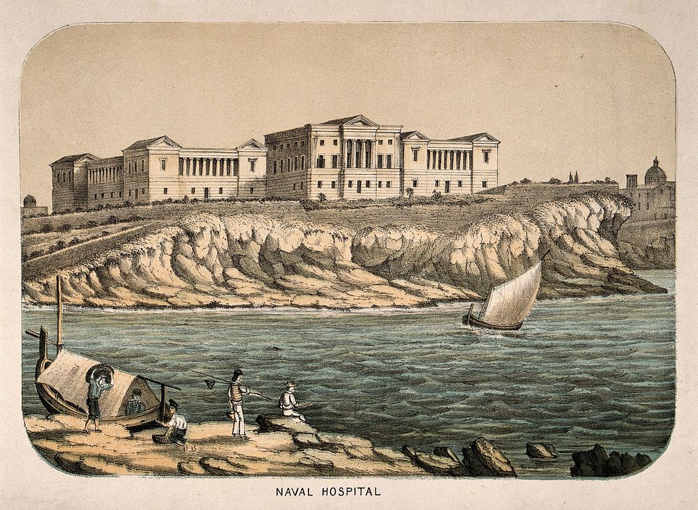 Malta: Royal Naval Hospital or Bighi Hospital. Coloured lithograph.