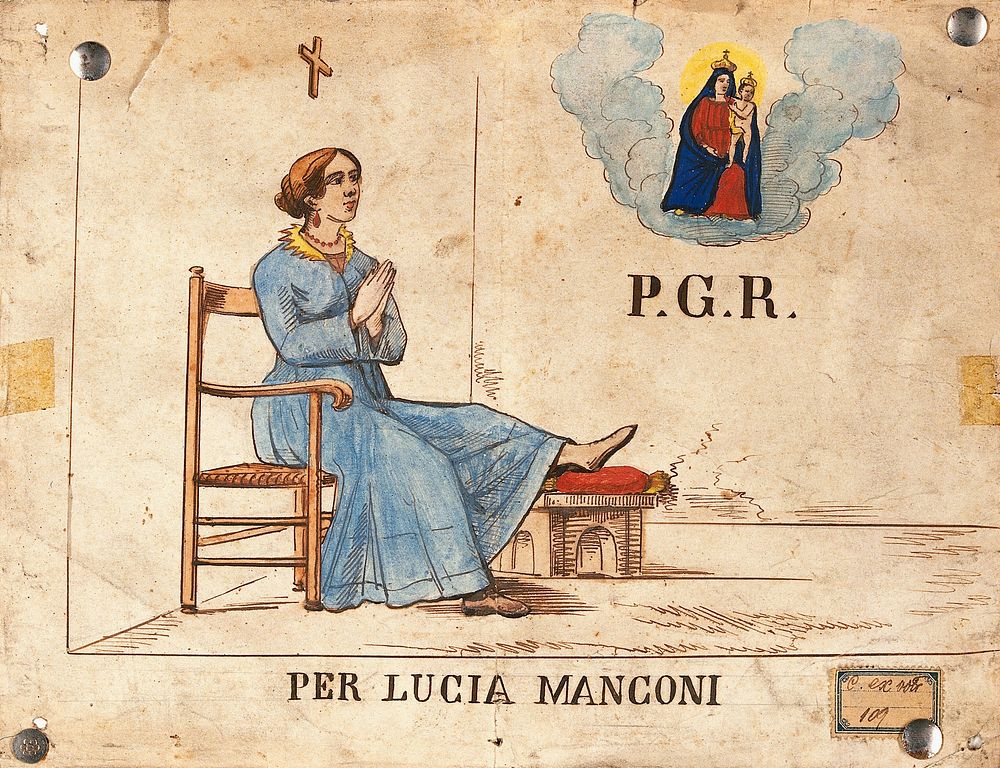 Lucia Manconi being cured of an injury or disease of the foot. Watercolour.