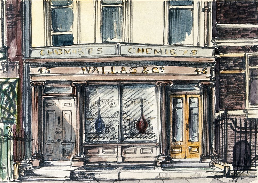 Wallas & Co. pharmacy, 45 New Cavendish Street, London. Watercolour.