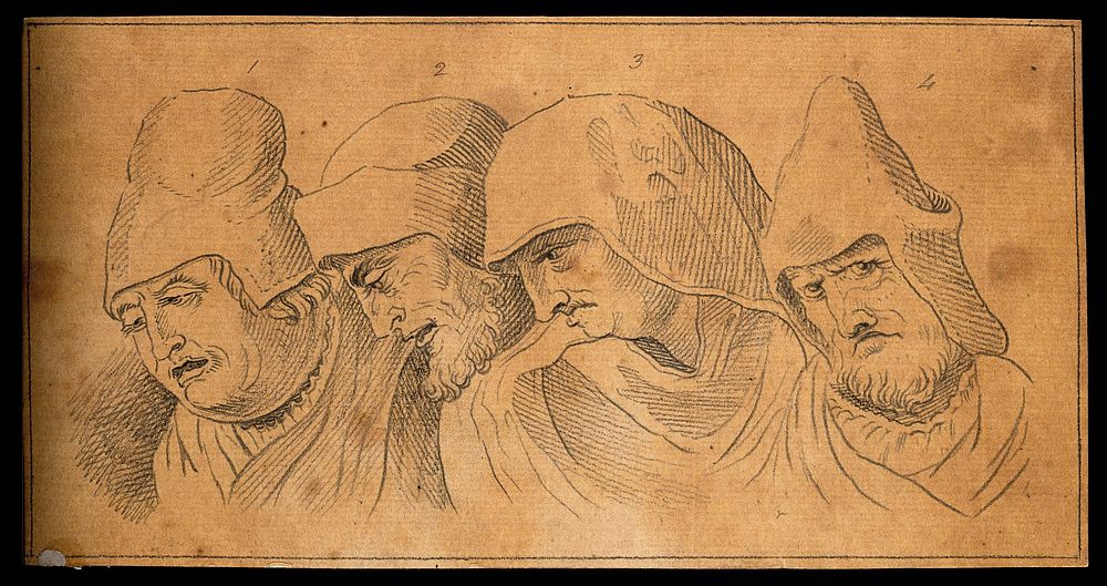 Four physiognomies expressing evil characters. Drawing, c. 1792.