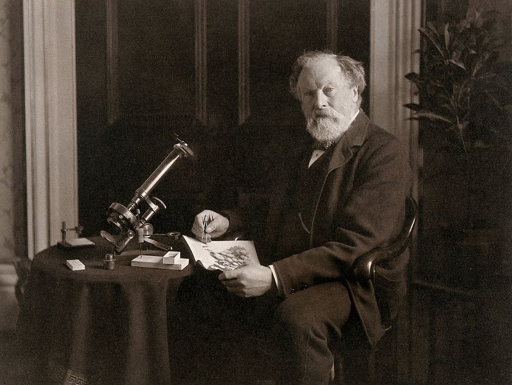 A scientist, posed with his microscope, in a drawing room setting. Photograph by Elliott and Fry.