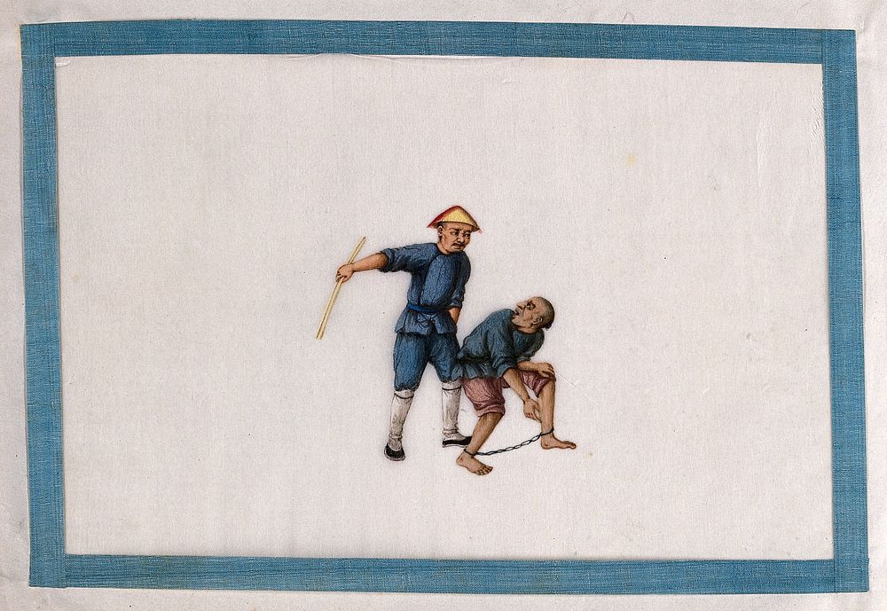 A Chinese man beats a prisoner. Gouache painting by a Chinese artist, ca. 1850.