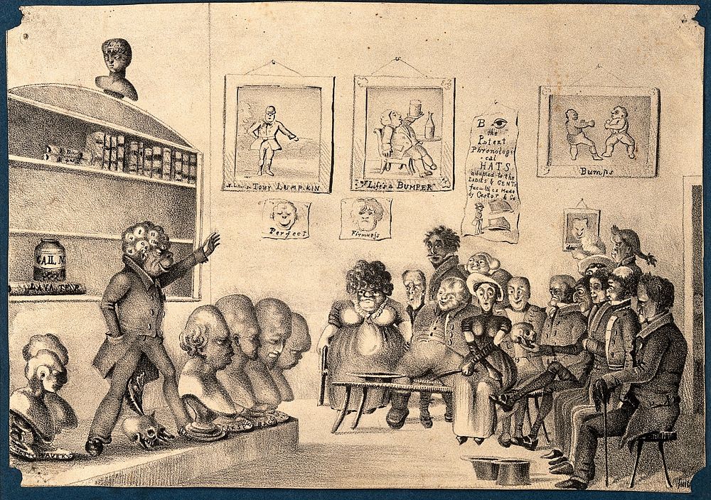 George Combe lecturing on phrenology to a mixed audience in his Edinburgh home; presented as a monkey with a phrenological…