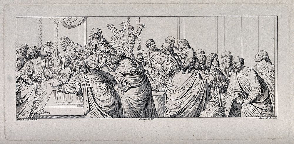 Mary dies amid a commotion of apostles and angels. Etching by L. Bridi after de Antioni after M. d'Oggioni.