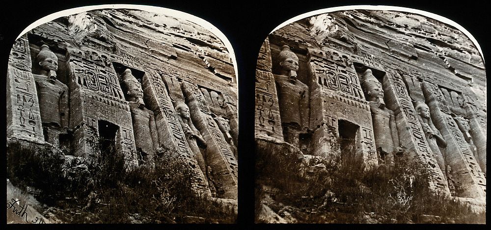 Nubia, Egypt: the smaller rock temple of Abou Simbel; facade covered in hieroglyphics; stereoscopic views. Photograph by…