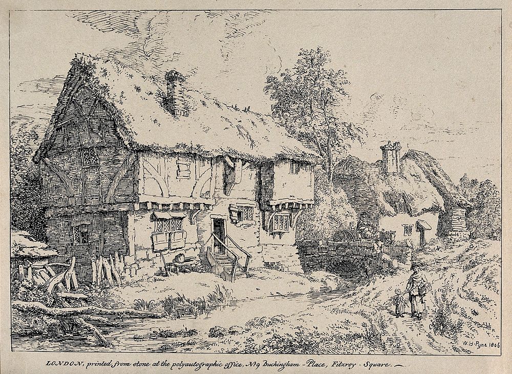 Two rural houses next to a stream; a woman and a child in the foreground. Lithograph by W.H. Pyne, 1806.